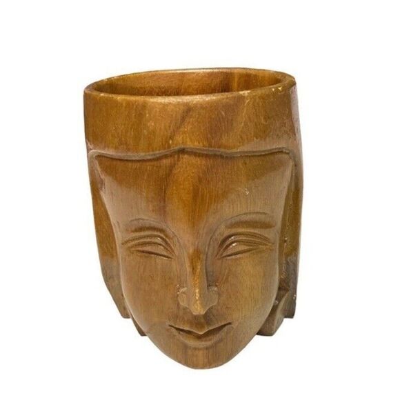 Tiki Type Inspired Wooden Carved Mug Boho Tribal Face Handle Vintage Bar Cup Mug - Picture 5 of 12